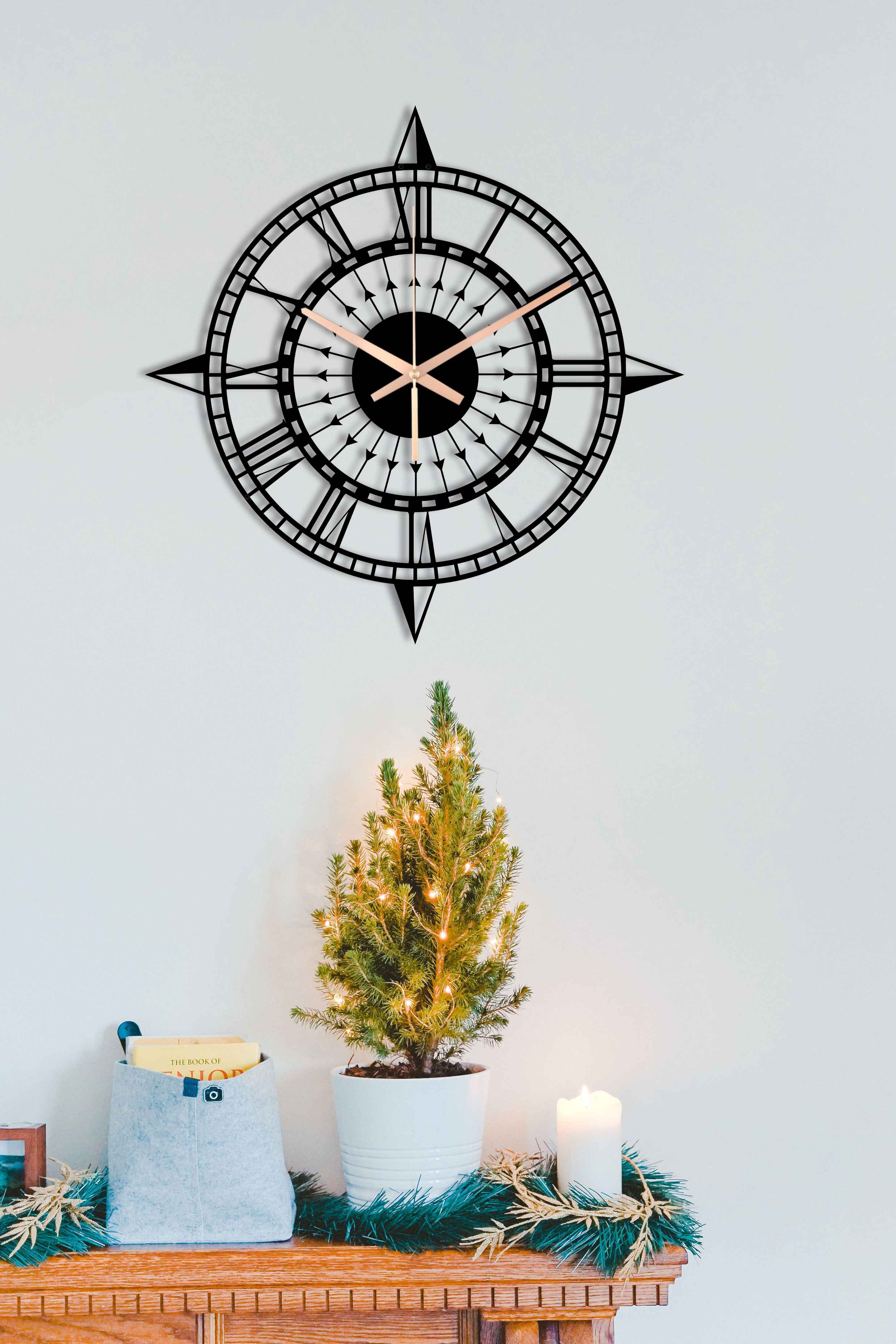 Compass Clock, Oversized Wall Clock, Metal Wall Clock, Black Wall Clock, Farmhouse Clock, Unique Wall Clock, Gift For Her, Clocks For Wall