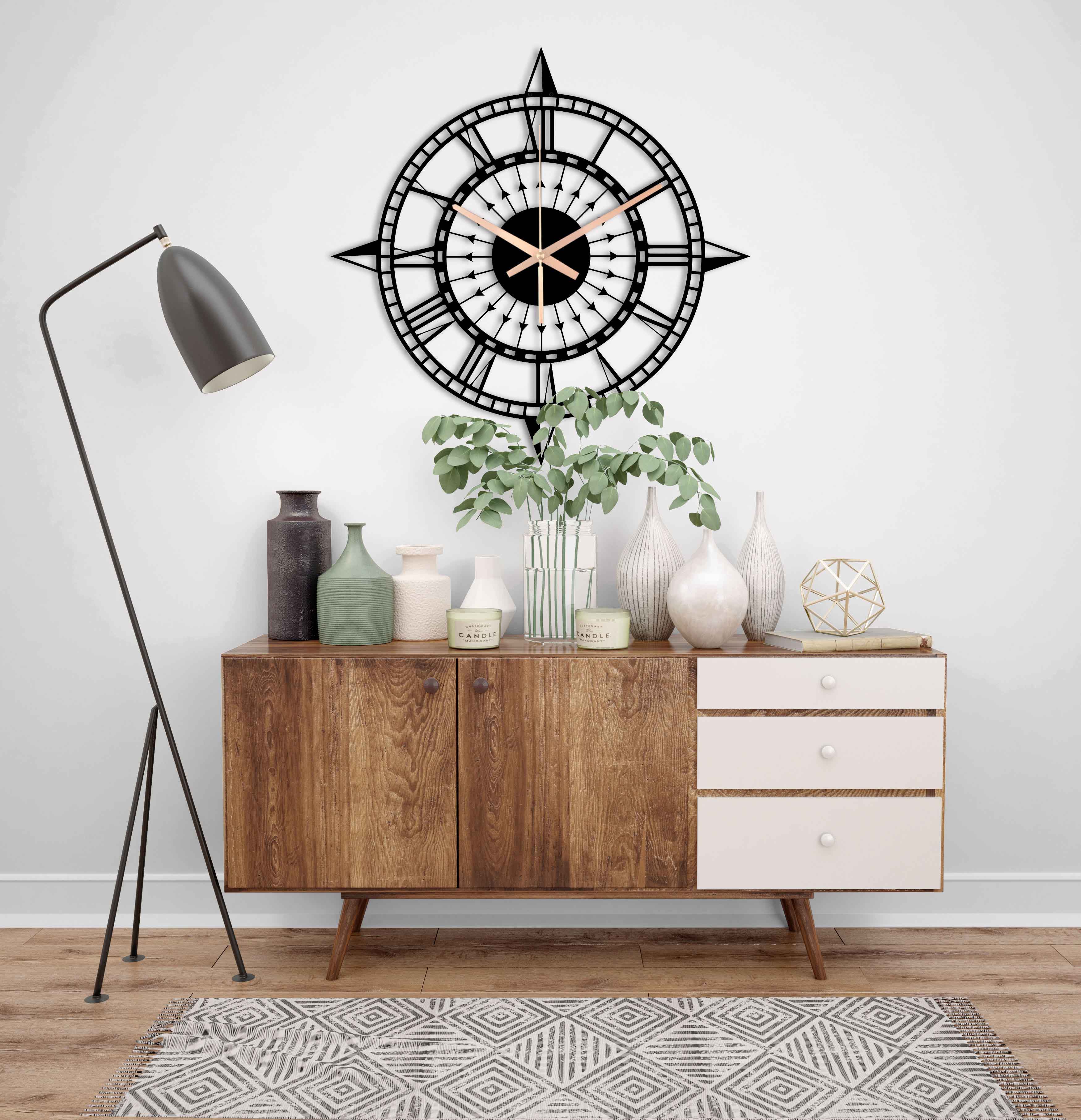 Compass Clock, Oversized Wall Clock, Metal Wall Clock, Black Wall Clock, Farmhouse Clock, Unique Wall Clock, Gift For Her, Clocks For Wall