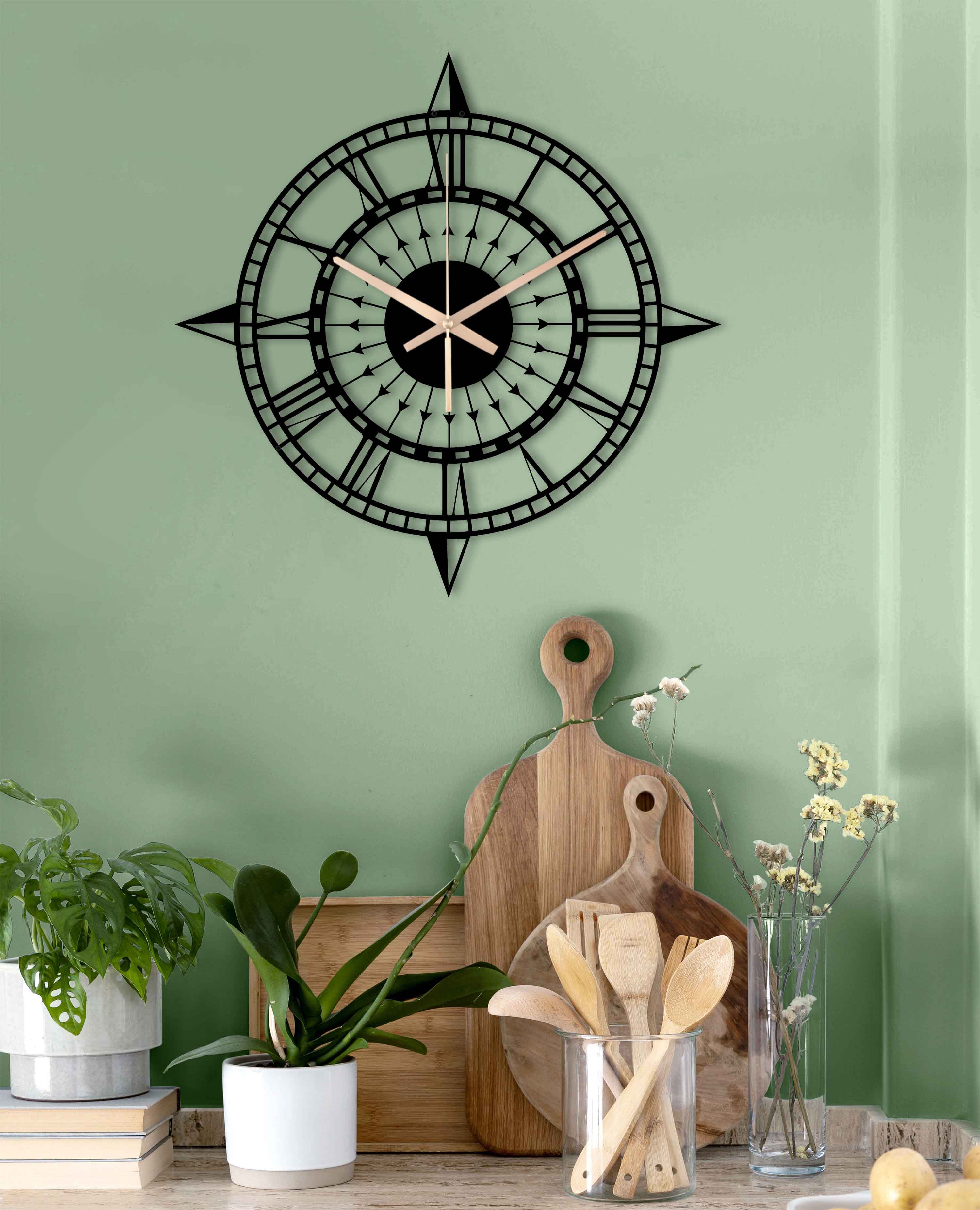 Compass Clock, Oversized Wall Clock, Metal Wall Clock, Black Wall Clock, Farmhouse Clock, Unique Wall Clock, Gift For Her, Clocks For Wall