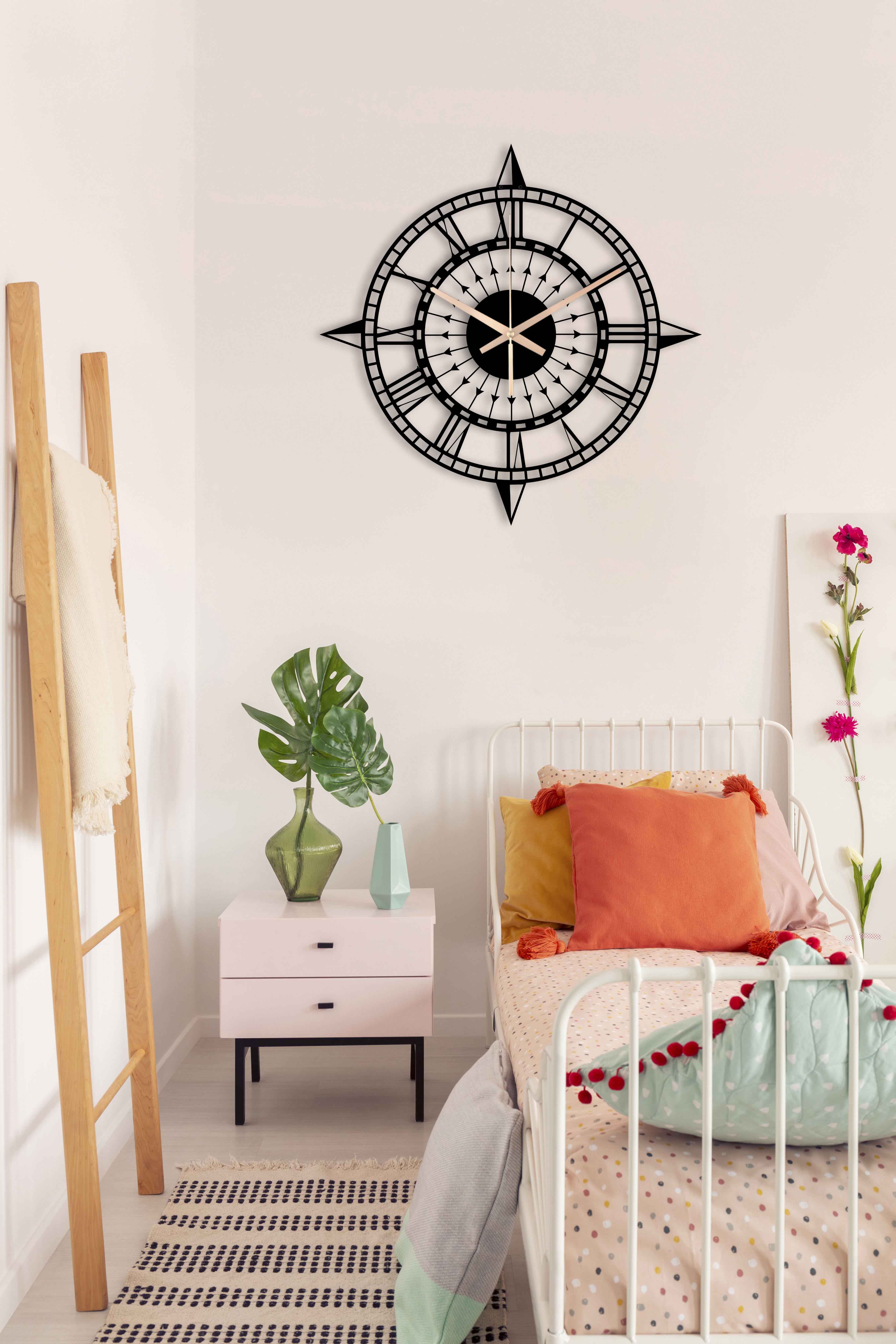 Compass Clock, Oversized Wall Clock, Metal Wall Clock, Black Wall Clock, Farmhouse Clock, Unique Wall Clock, Gift For Her, Clocks For Wall