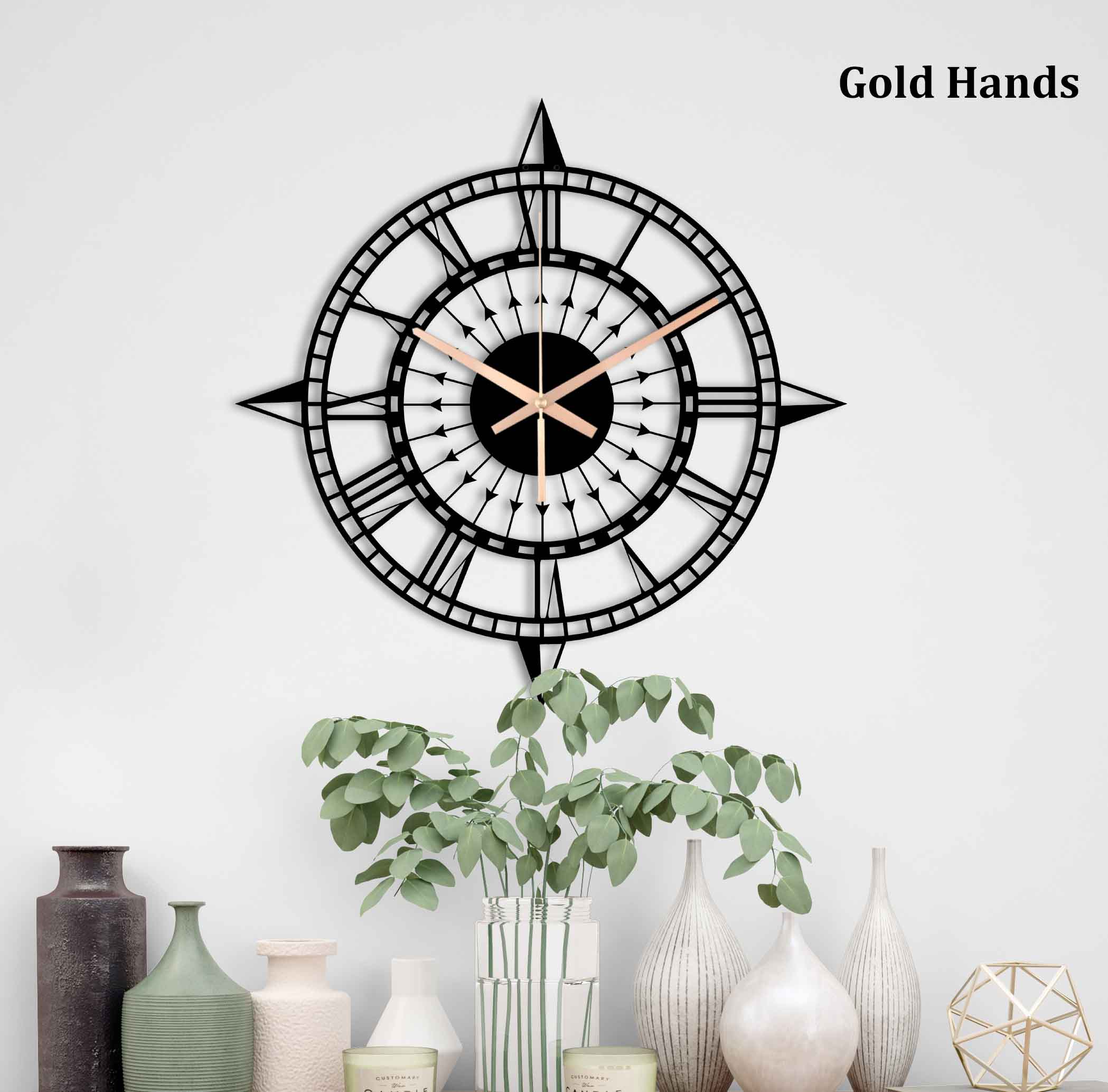 Compass Clock, Oversized Wall Clock, Metal Wall Clock, Black Wall Clock, Farmhouse Clock, Unique Wall Clock, Gift For Her, Clocks For Wall