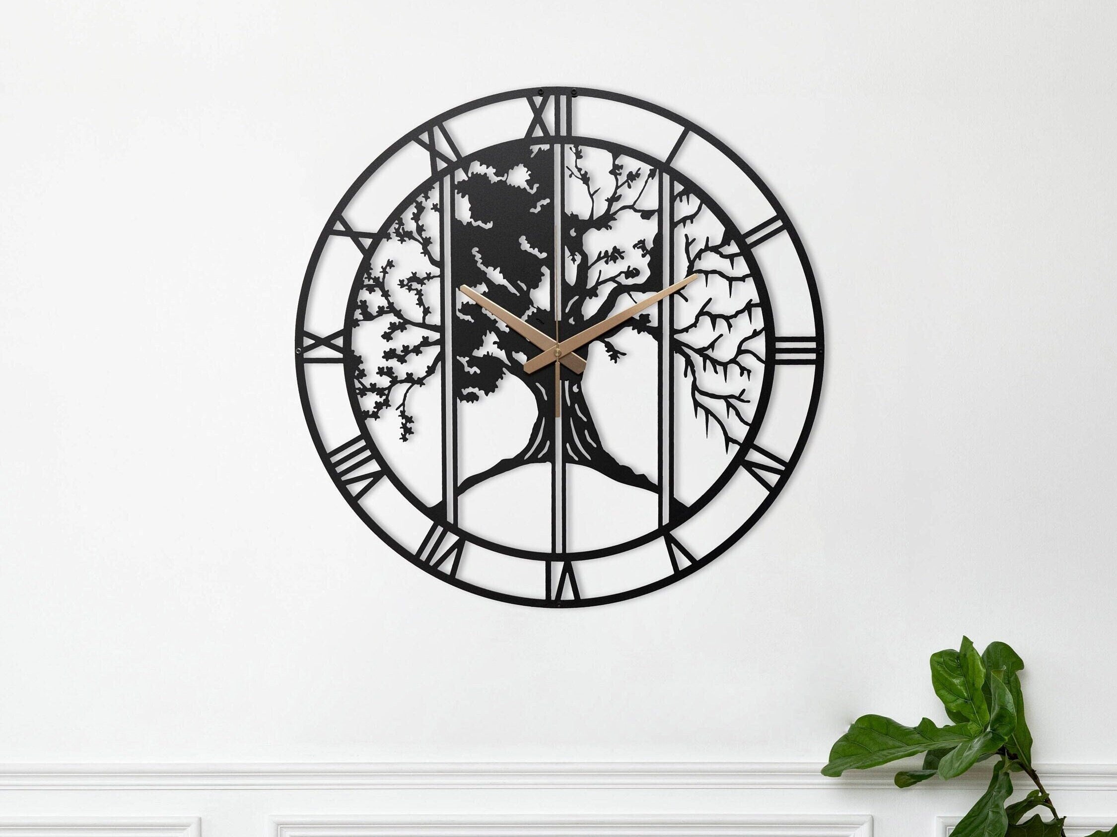 Four Season Tree Wall Clock, Unique Wall Clock, Retro Wall Clock, Boho Wall Clock, Roman Numerals Clock, Black Wall Clock, Small Wall Clock