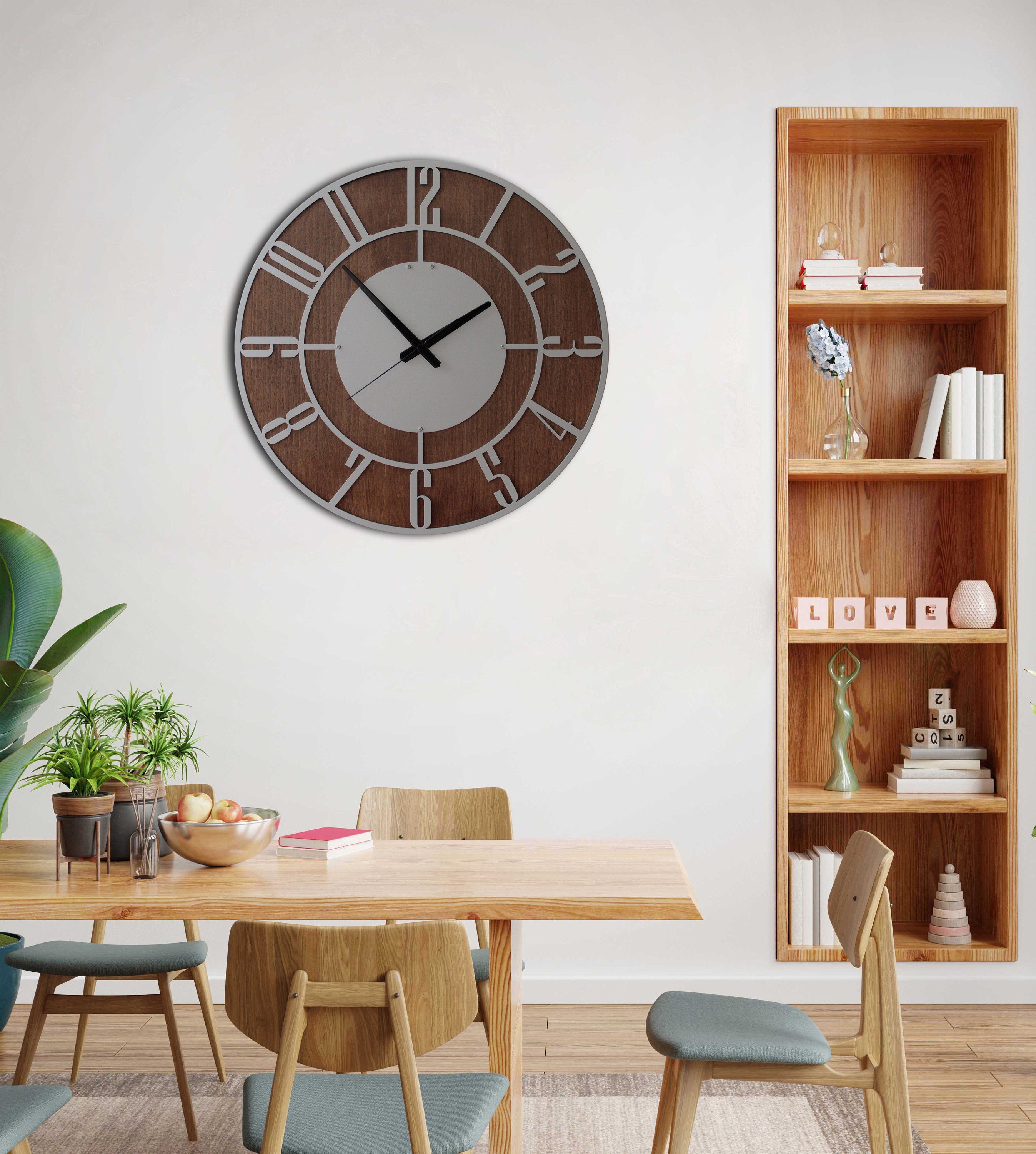 Silver Wall Clock, Metal And Walnut Wood Clock, Silent Wall Clock, Oversized Wall Clock, Farmhouse Clock, Unique Wall Clock, Clocks For Wall