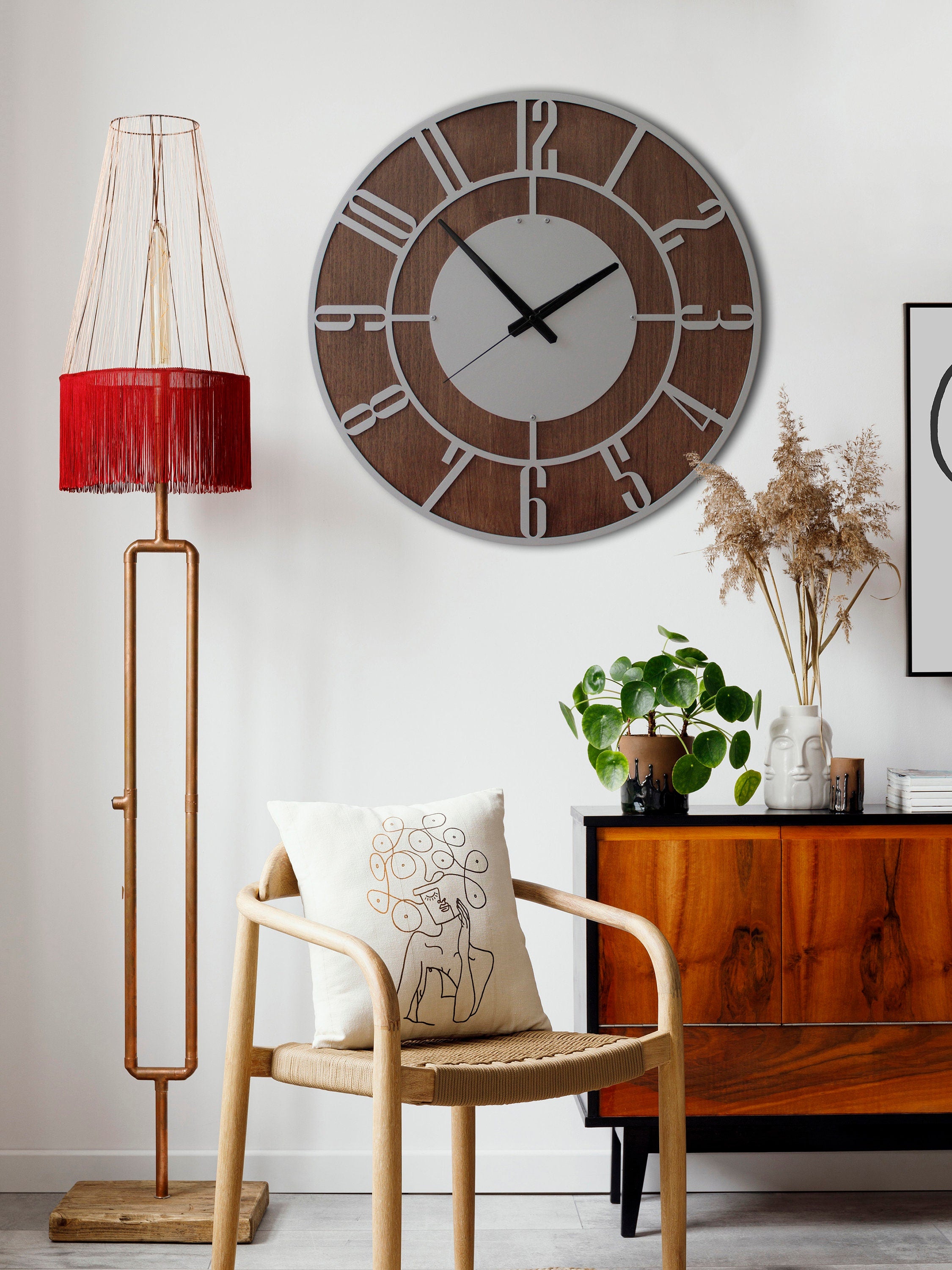 Silver Wall Clock, Metal And Walnut Wood Clock, Silent Wall Clock, Oversized Wall Clock, Farmhouse Clock, Unique Wall Clock, Clocks For Wall